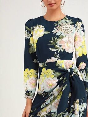 Socialite Floral Tie-Waist Long Sleeve Dress in Navy, Yellow & Pink